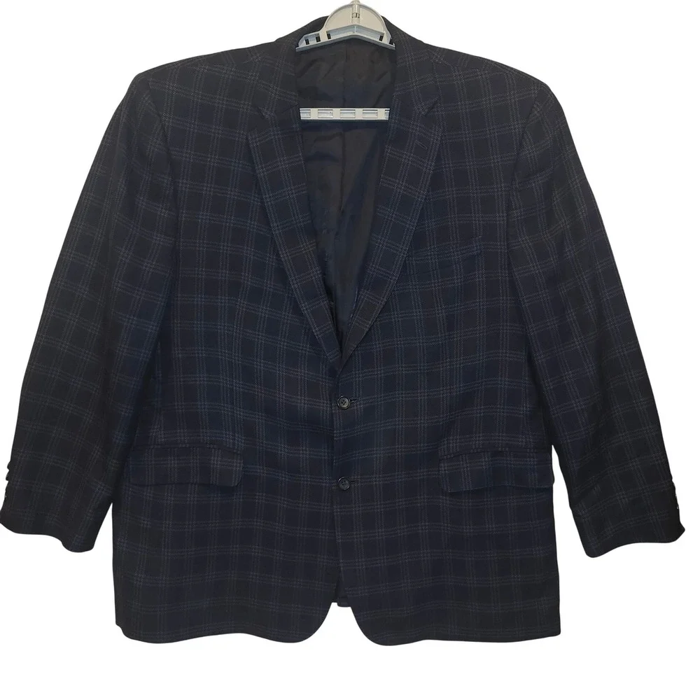 Jos. A. Bank Reserve Mens 48 Long Silk Wool Navy Blue Plaid Blazer Sport Coat